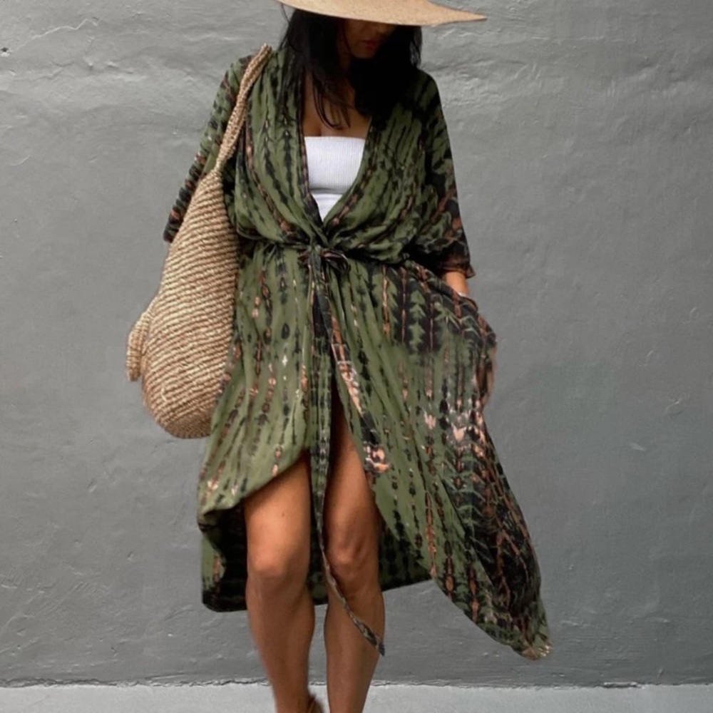 Olive Green Tie Dye Boho Swim Coverup Kimono Robe